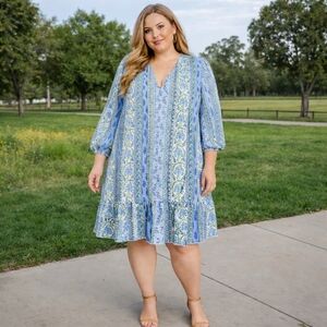 Dex Curve Blue Floral Boho Dress | Tiered Swing V-Neck Plus Size